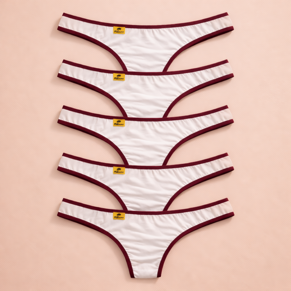 Kit 5 Calcinhas Branca Costura Vermelha - Inti®️